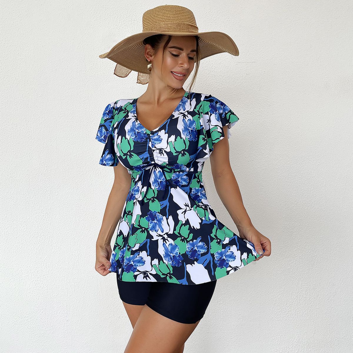 (image for) Short Sleeve Floral Tankini Set V‑Neck Ruffle Two‑Piece Swimsuit with Boyshort Bottom