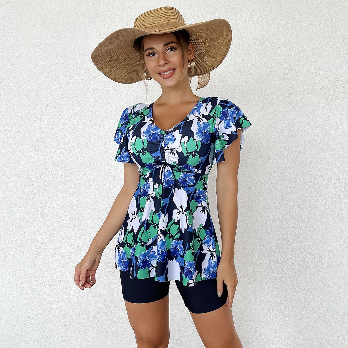 (image for) Short Sleeve Floral Tankini Set V‑Neck Ruffle Two‑Piece Swimsuit with Boyshort Bottom
