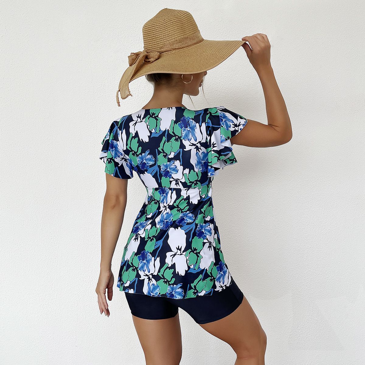(image for) Short Sleeve Floral Tankini Set V‑Neck Ruffle Two‑Piece Swimsuit with Boyshort Bottom