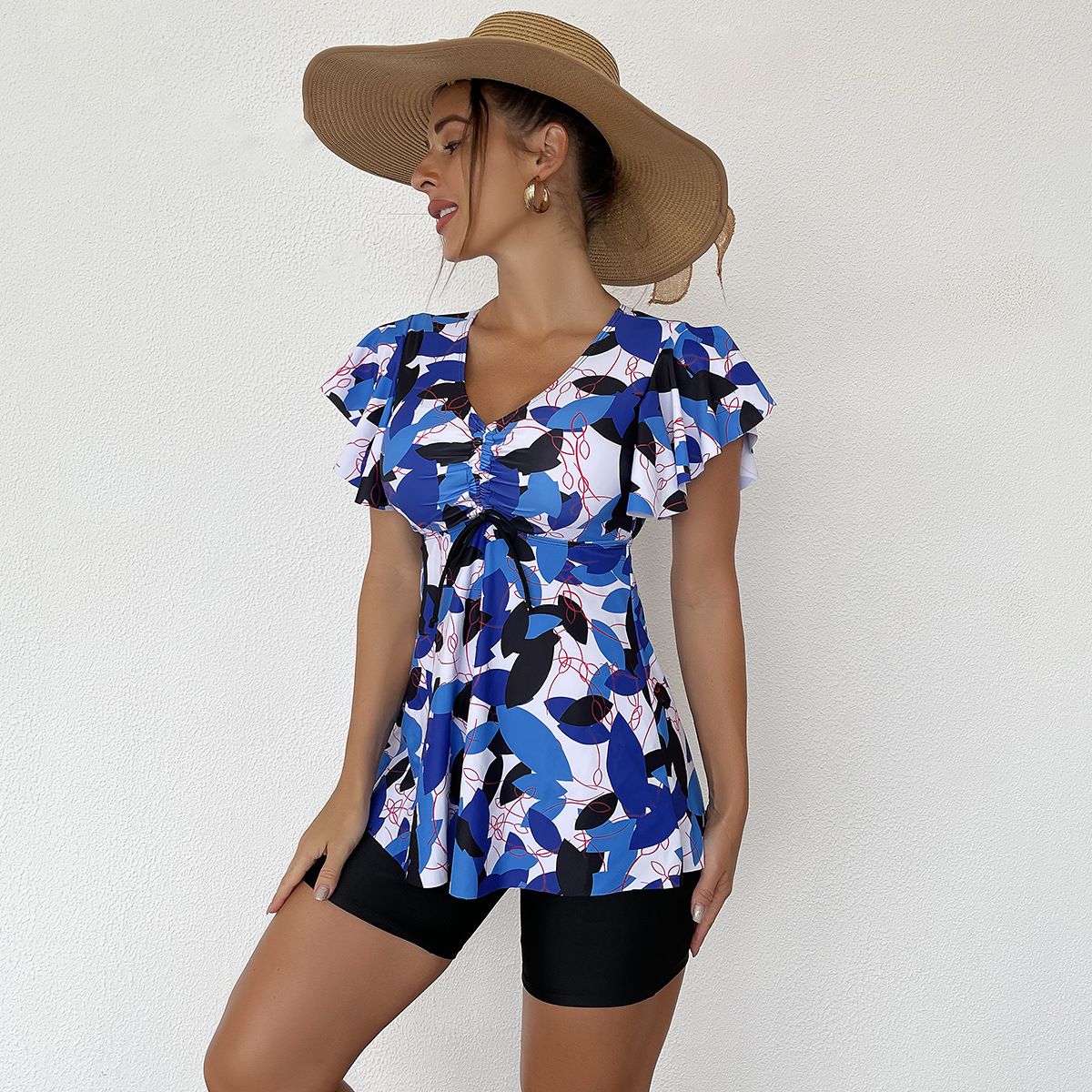 (image for) Short Sleeve Floral Tankini Set V‑Neck Ruffle Two‑Piece Swimsuit with Boyshort Bottom