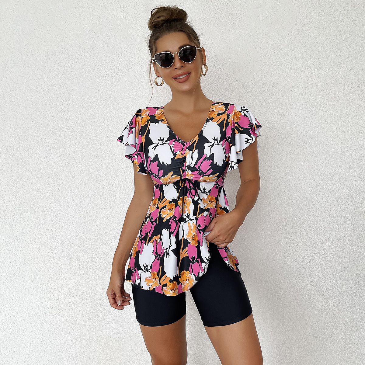 (image for) Short Sleeve Floral Tankini Set V‑Neck Ruffle Two‑Piece Swimsuit with Boyshort Bottom