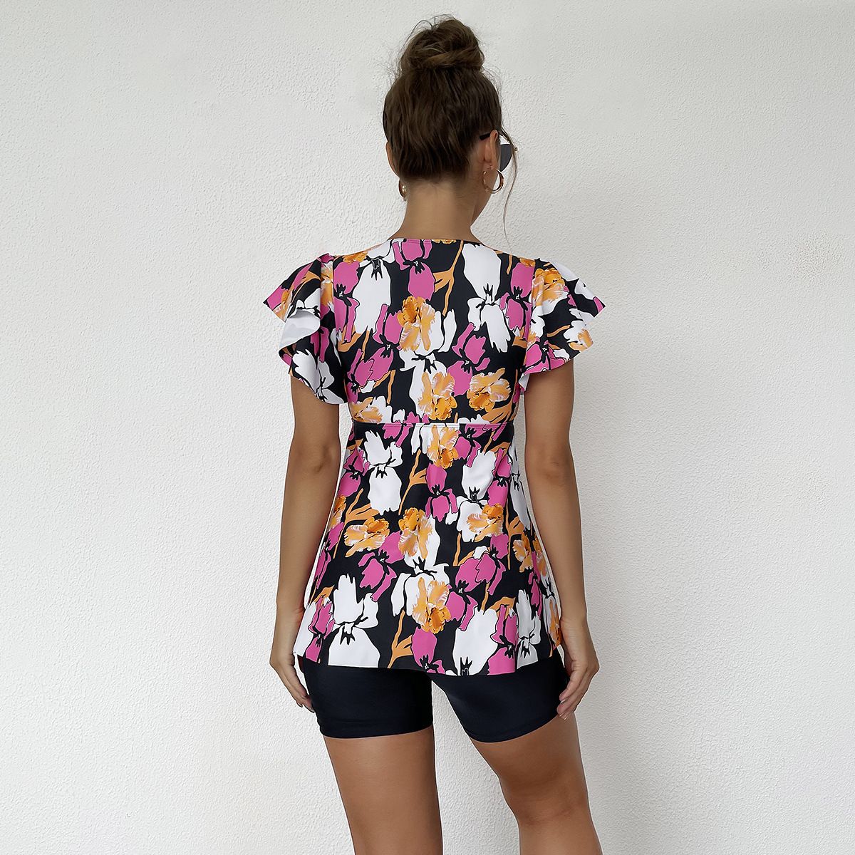 (image for) Short Sleeve Floral Tankini Set V‑Neck Ruffle Two‑Piece Swimsuit with Boyshort Bottom