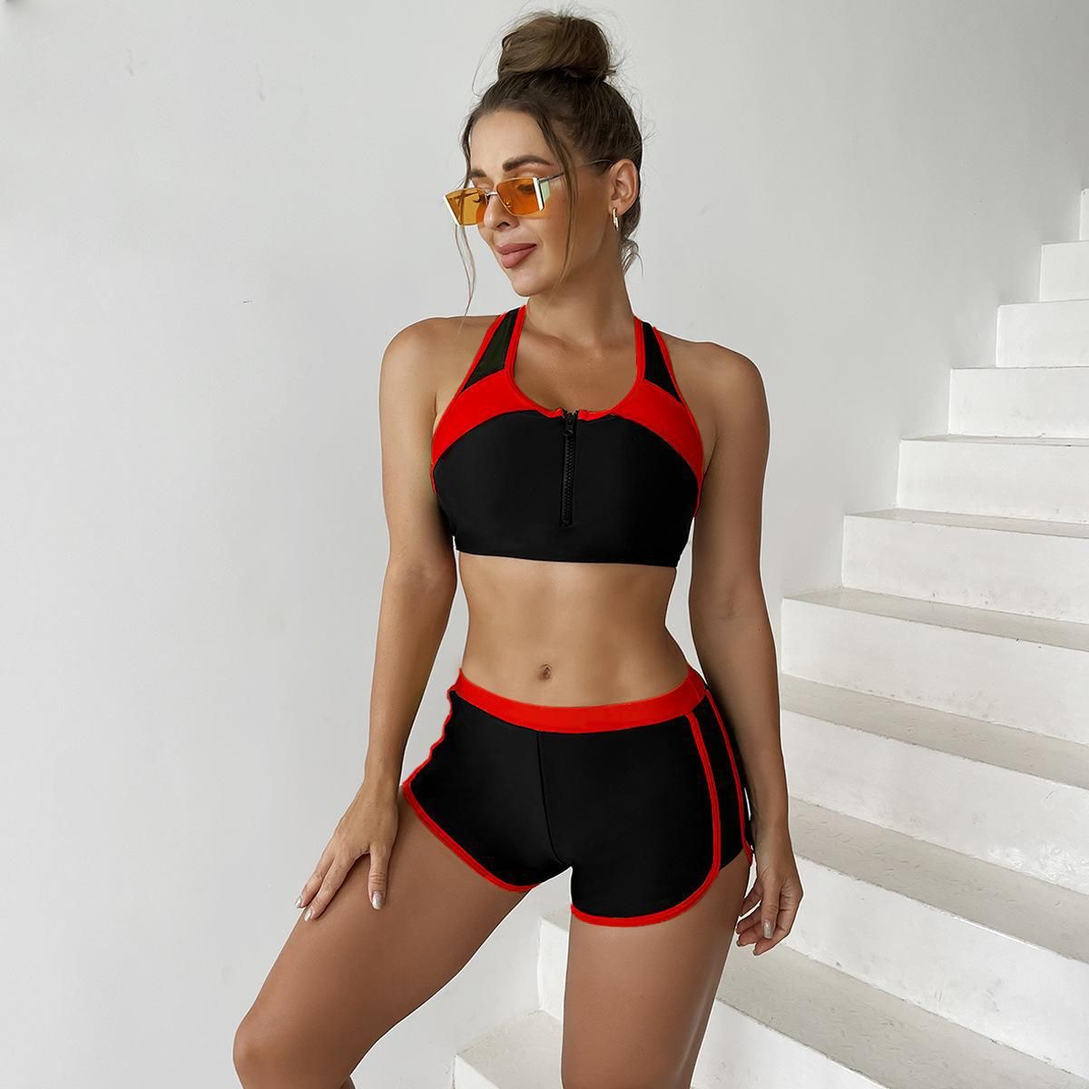 (image for) Women Sport Color‑Block Two‑Piece Bikini Set, Racerback Athletic Swimsuit with Shorts