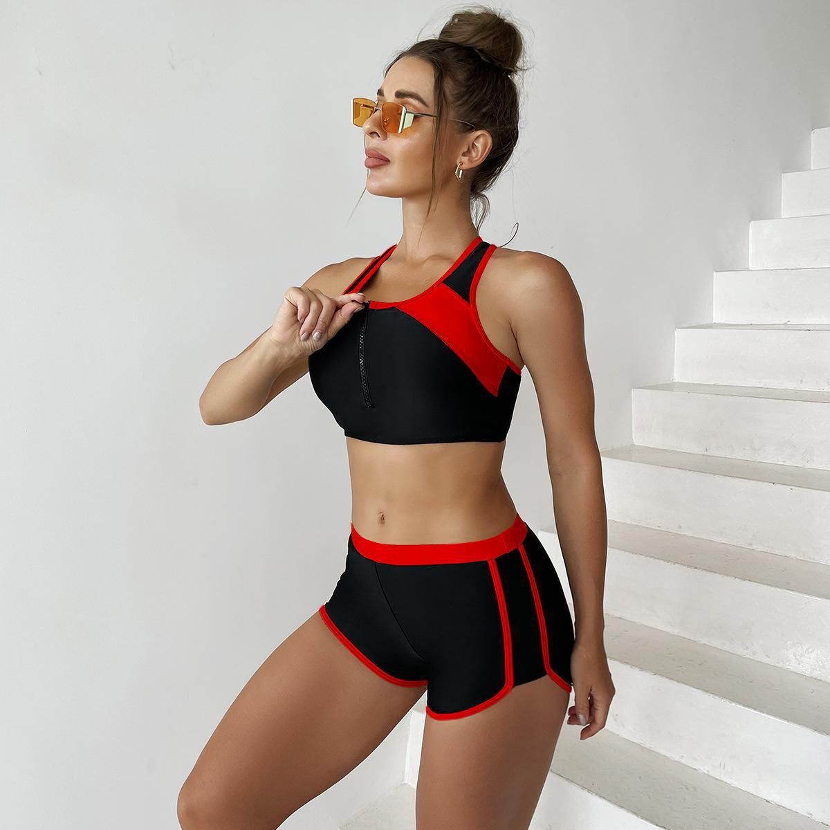 (image for) Women Sport Color‑Block Two‑Piece Bikini Set, Racerback Athletic Swimsuit with Shorts
