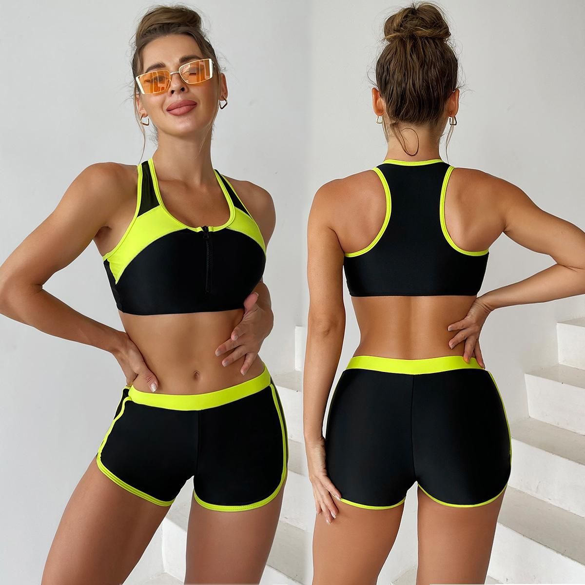 (image for) Women Sport Color‑Block Two‑Piece Bikini Set, Racerback Athletic Swimsuit with Shorts