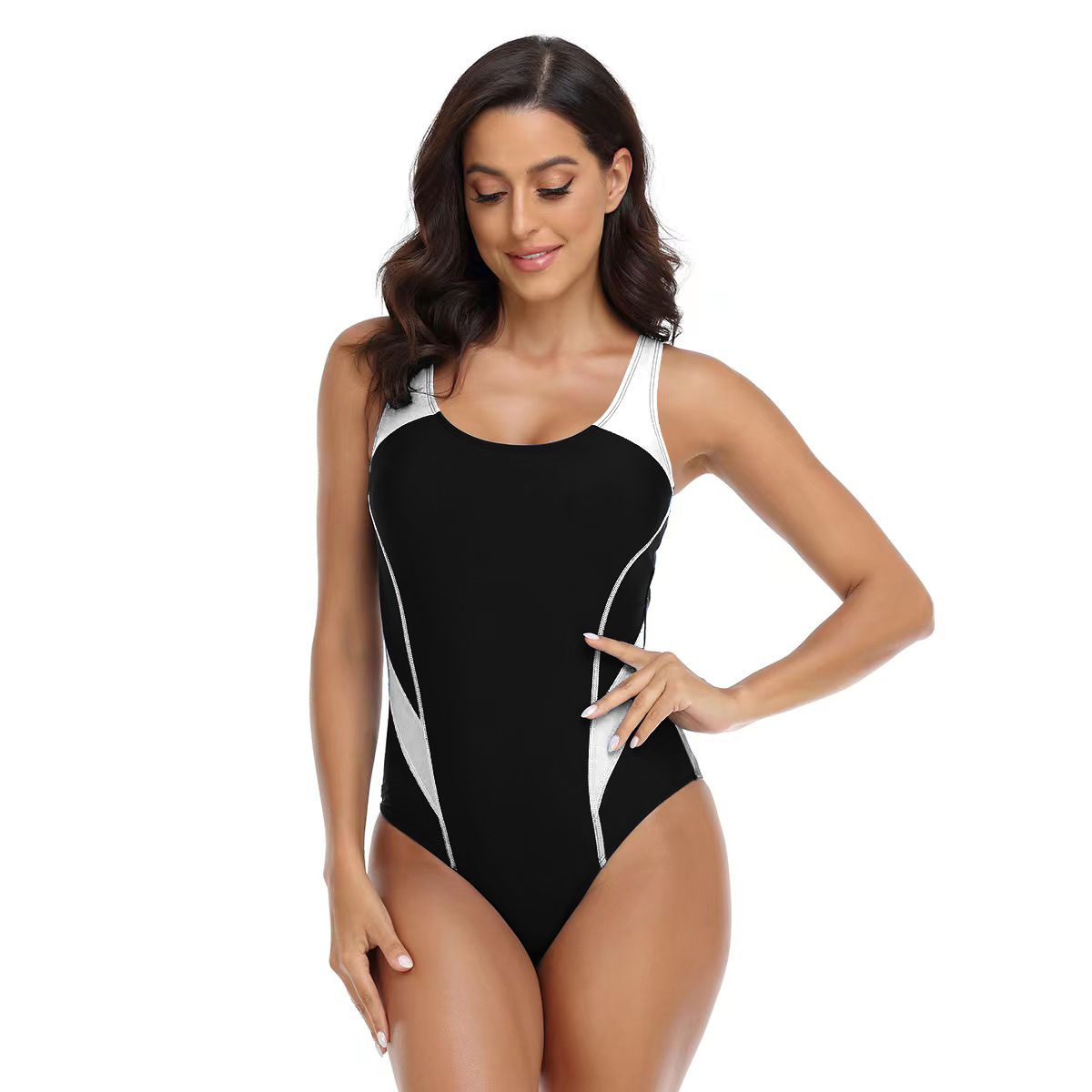 (image for) Women's Color Block One‑Piece Competitive Swimsuit Conservative Training Bathing Suit