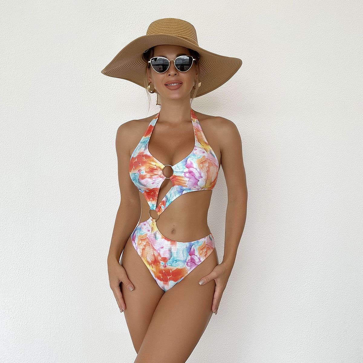 (image for) Women Floral Print Halter Cutout One‑Piece Swimsuit, Sexy O‑Ring Monokini Bathing Suit
