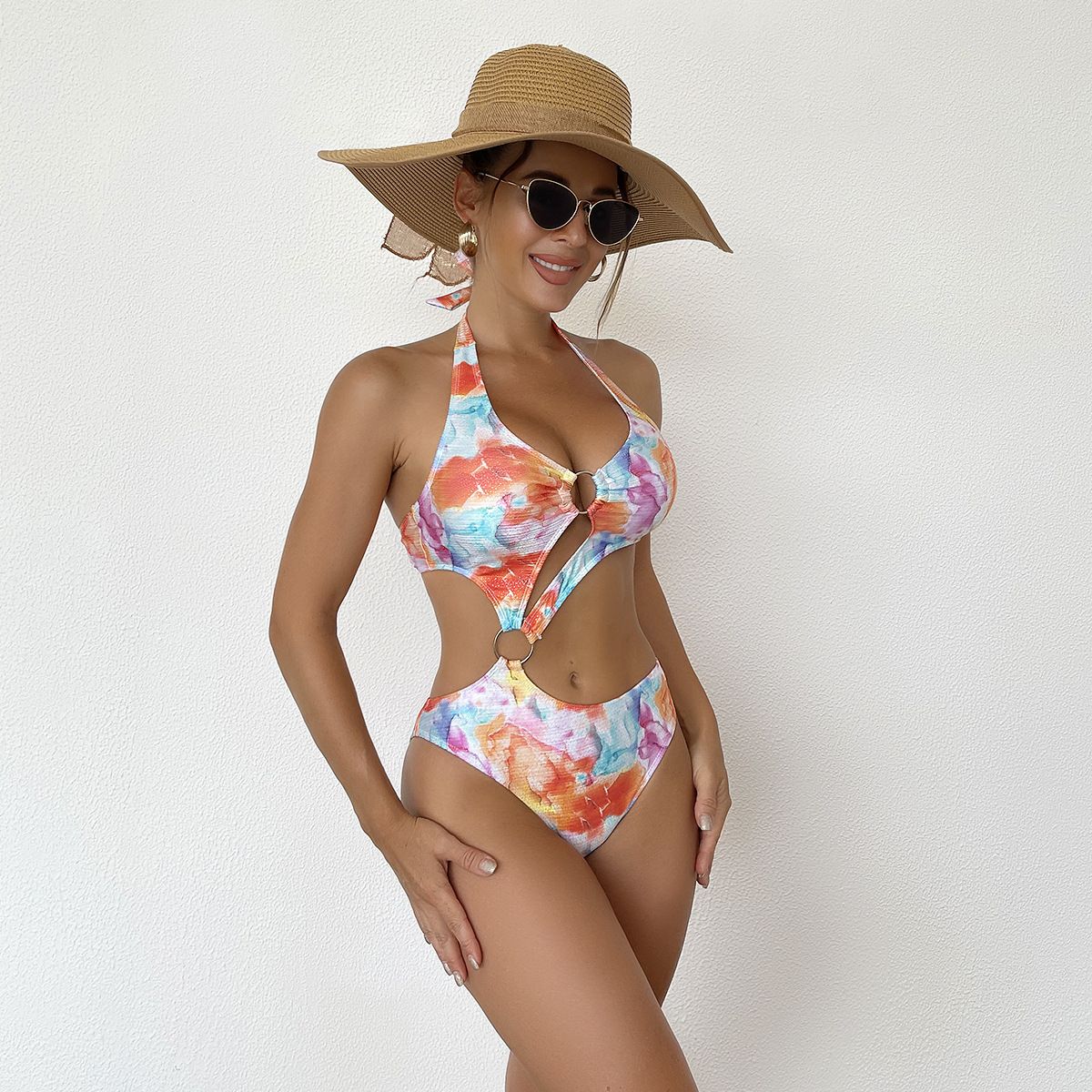 (image for) Women Floral Print Halter Cutout One‑Piece Swimsuit, Sexy O‑Ring Monokini Bathing Suit