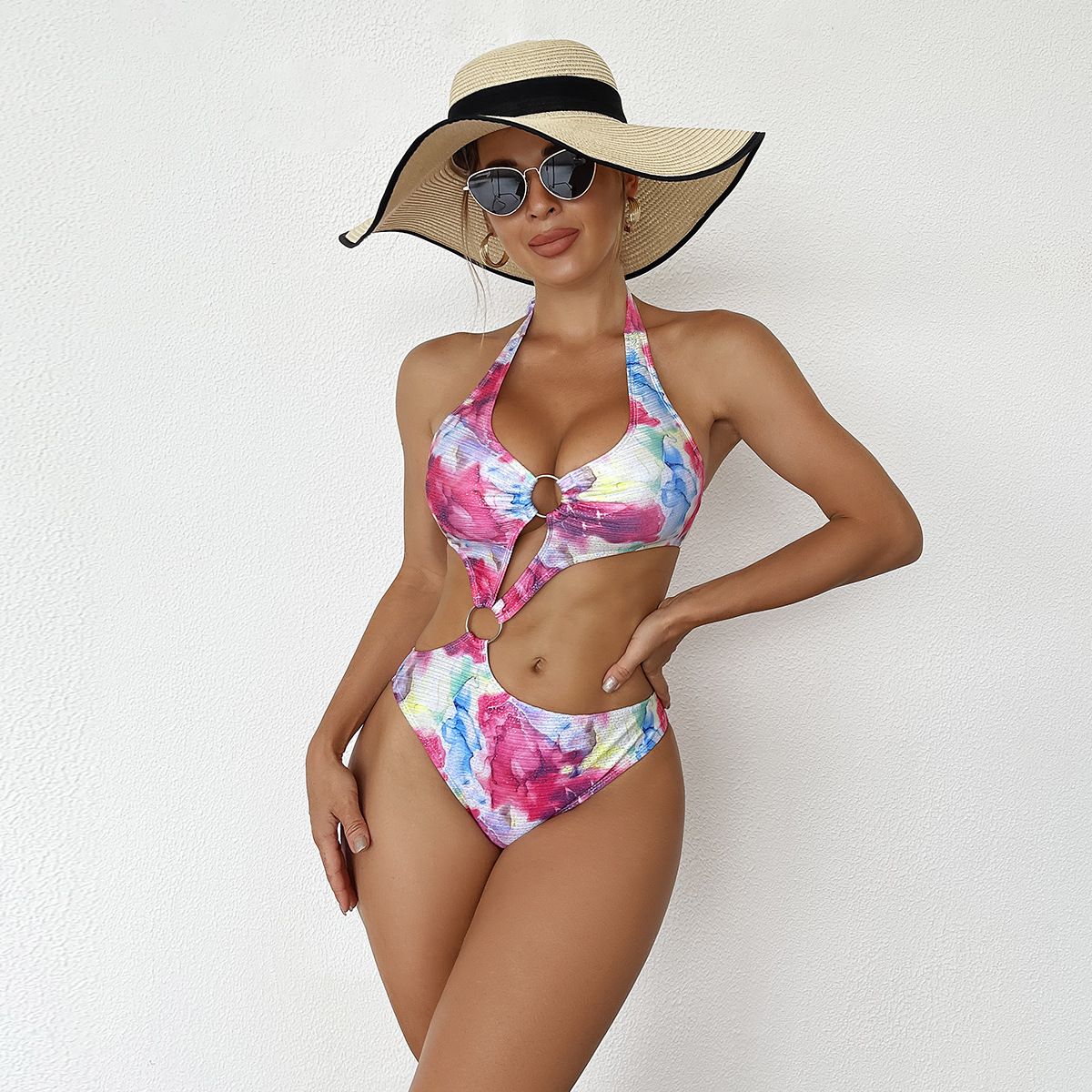 (image for) Women Floral Print Halter Cutout One‑Piece Swimsuit, Sexy O‑Ring Monokini Bathing Suit
