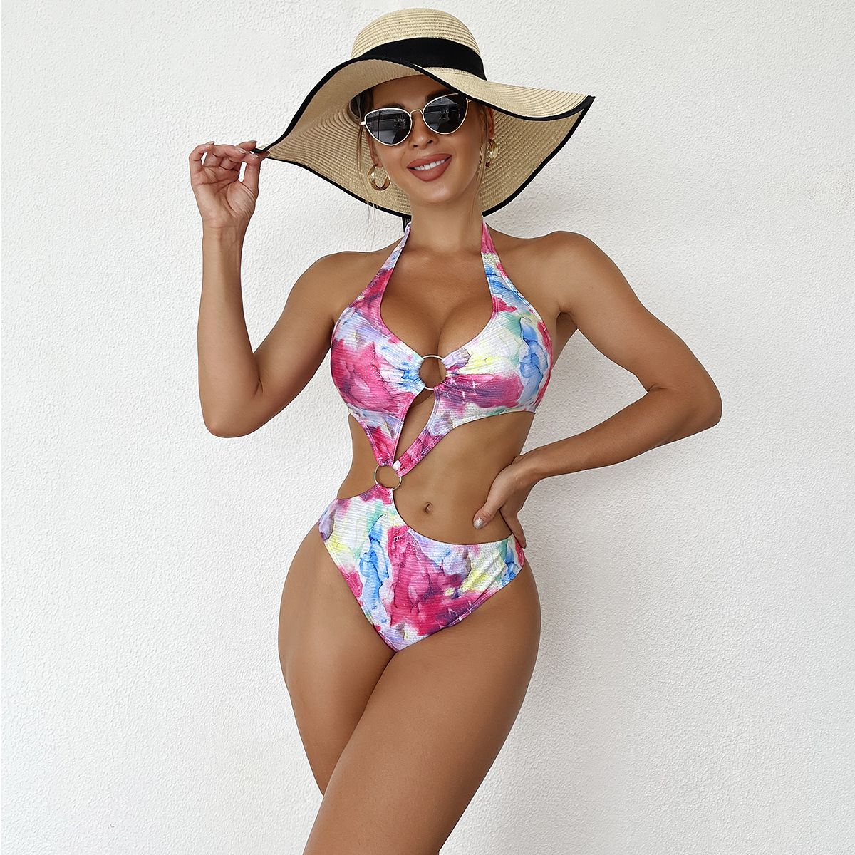 (image for) Women Floral Print Halter Cutout One‑Piece Swimsuit, Sexy O‑Ring Monokini Bathing Suit