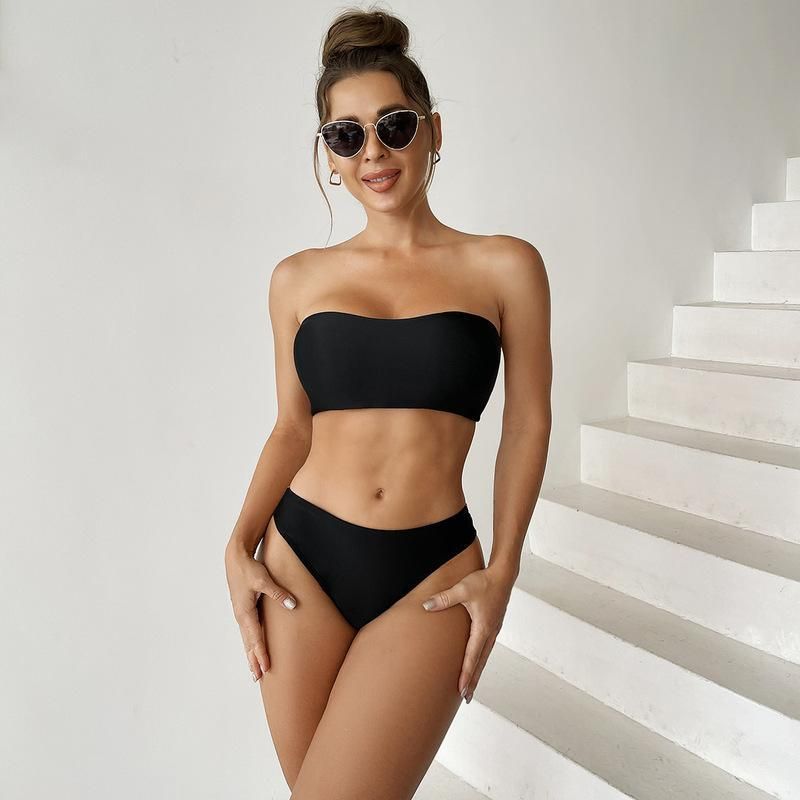 (image for) Solid Bandeau Strapless Two‑Piece Bikini Set High Cut Bottom Women Swimsuit