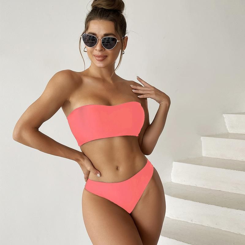(image for) Solid Bandeau Strapless Two‑Piece Bikini Set High Cut Bottom Women Swimsuit