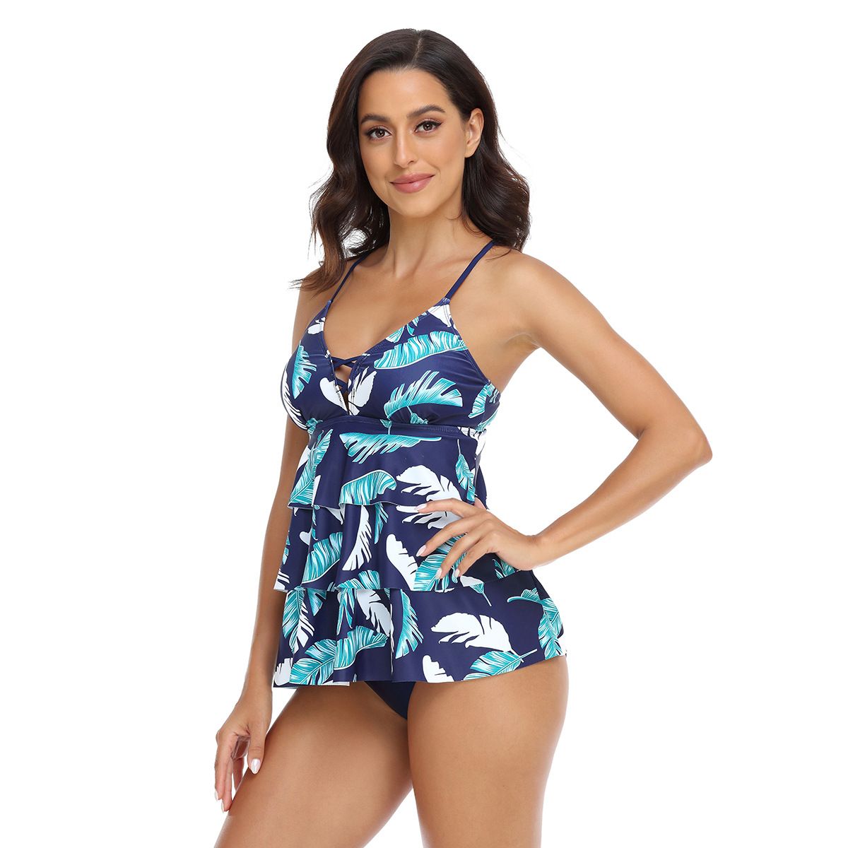 (image for) Women Printed Lace‑Up Ruffled Tankini Two‑Piece Swimsuit, Conservative Bathing Suit