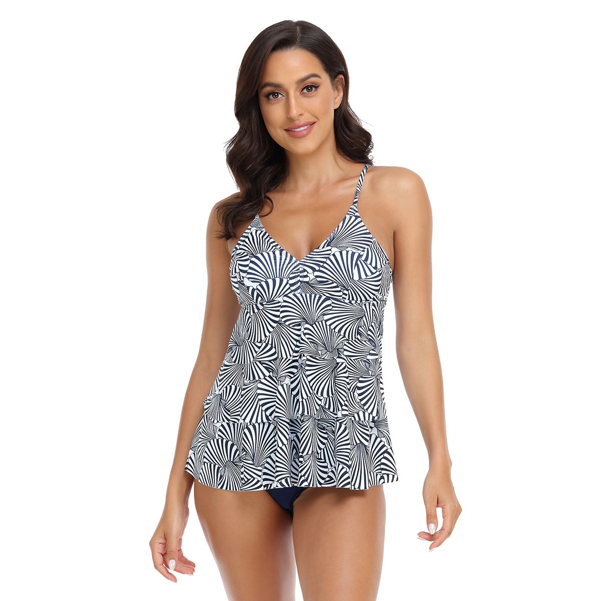 (image for) Women Printed Ruffled Tankini Two‑Piece Swimsuit, Conservative High‑Waist Bathing Suit