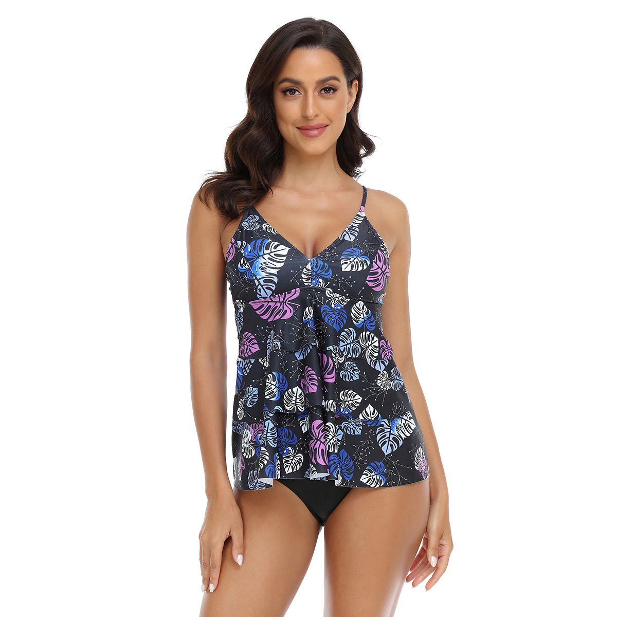 (image for) Women Printed Ruffled Tankini Two‑Piece Swimsuit, Conservative High‑Waist Bathing Suit