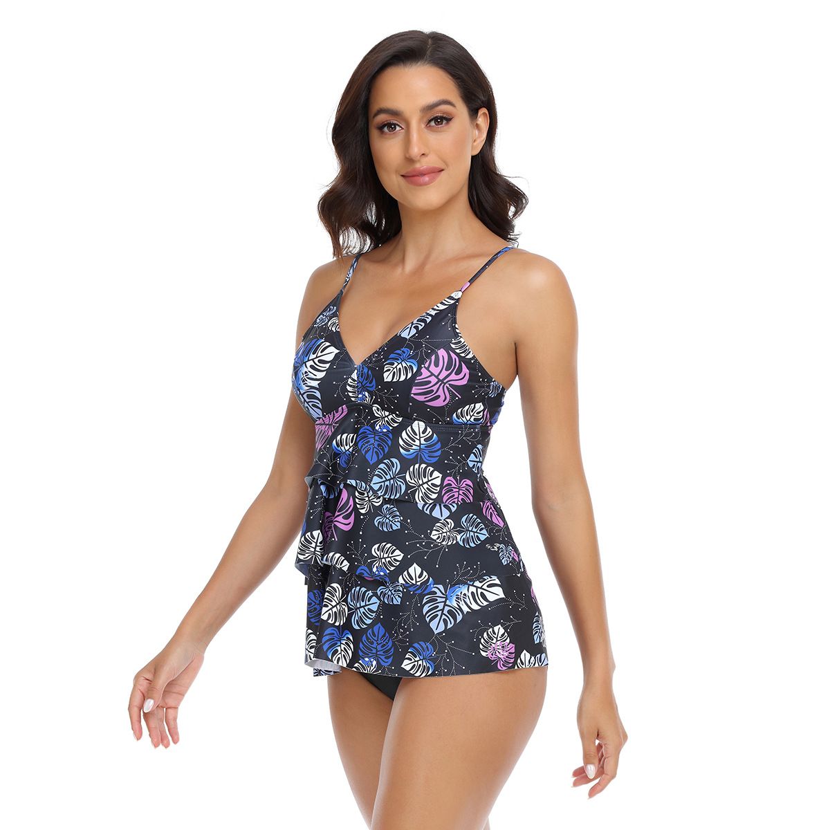 (image for) Women Printed Ruffled Tankini Two‑Piece Swimsuit, Conservative High‑Waist Bathing Suit