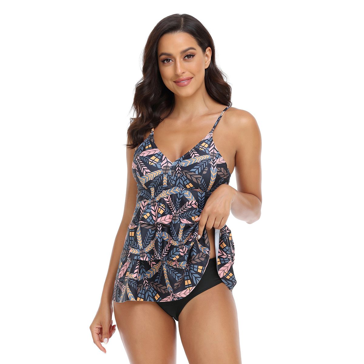 (image for) Women Printed Ruffled Tankini Two‑Piece Swimsuit, Conservative High‑Waist Bathing Suit