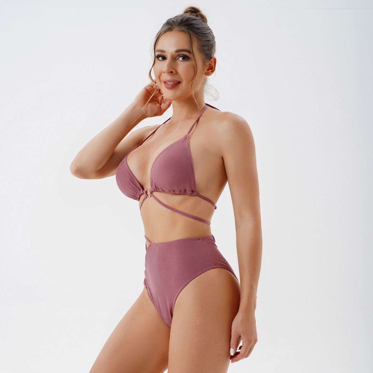 (image for) Solid Halter O‑Ring Crisscross Straps Cutout High‑Waist Two‑Piece Bikini Set Women Swimsuit