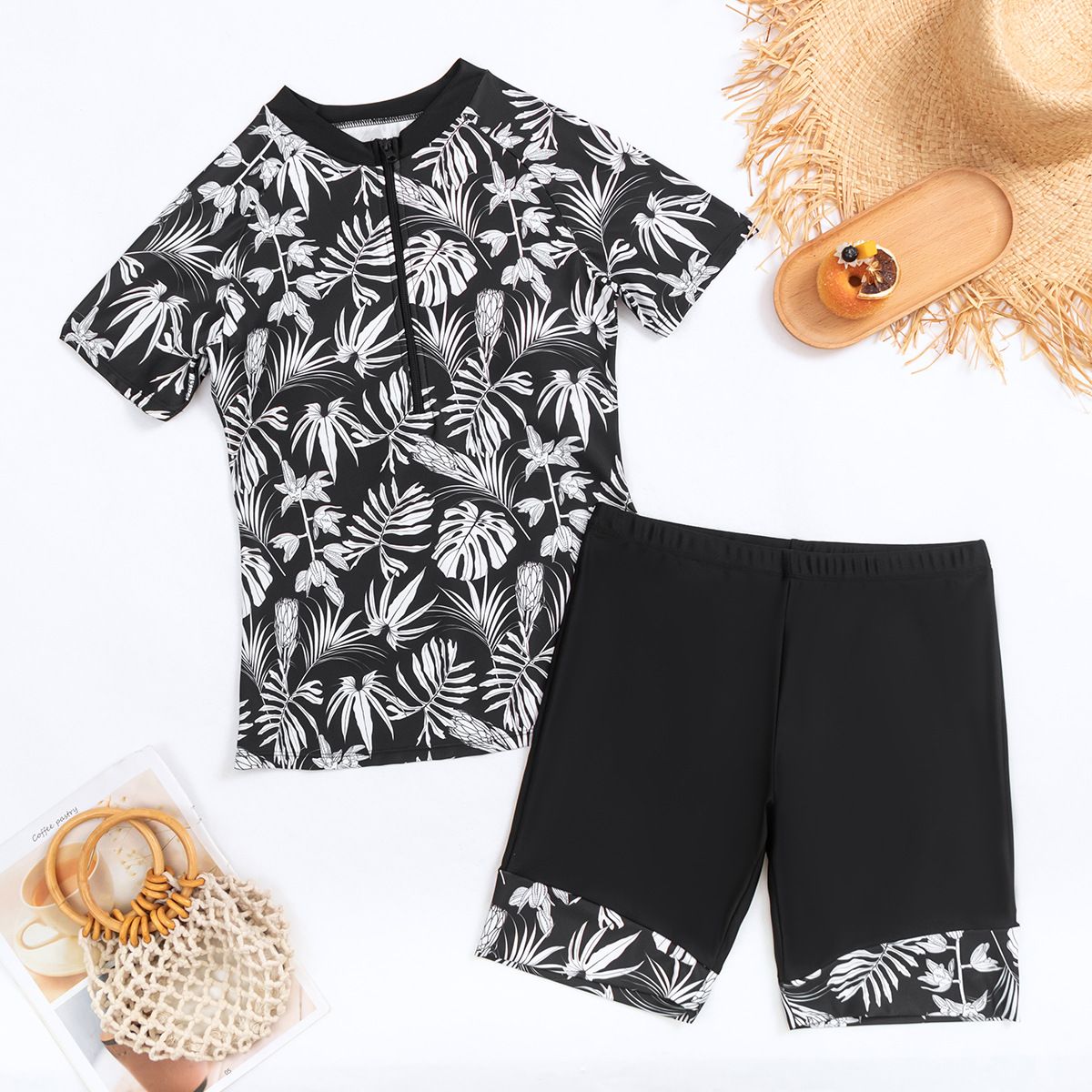 (image for) Women's Short Sleeve Printed Split Swimsuit Set, Conservative Surfing Rash Guard