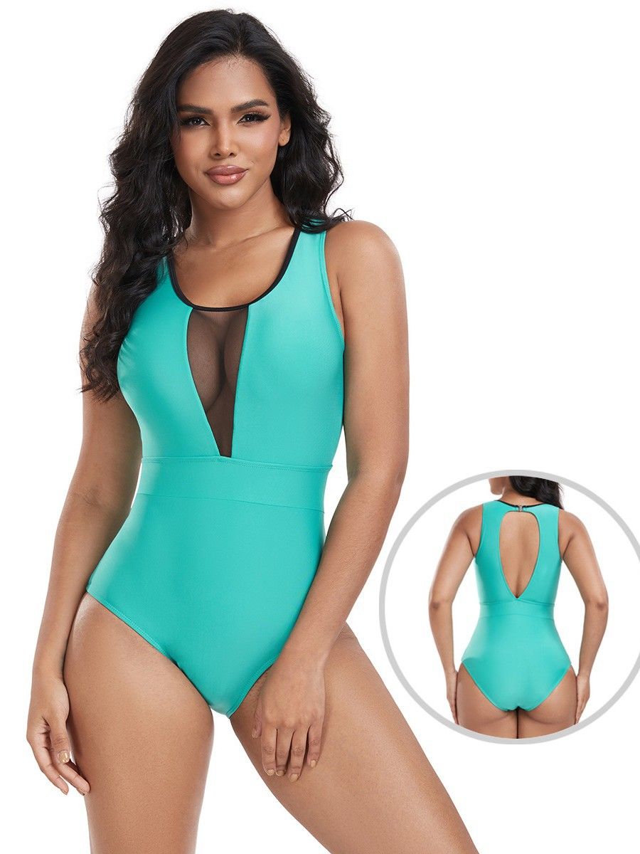 (image for) Women Solid Mesh Spliced One‑Piece Swimsuit Conservative Slim Fit Bathing Suit