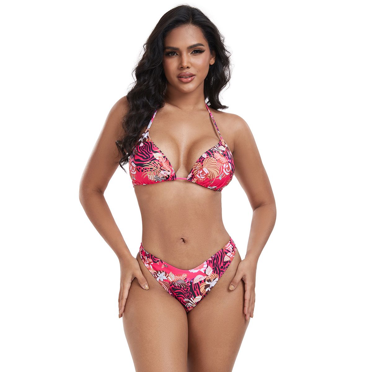 (image for) Women 3 Pieces Printed Bikini Set Long Sleeve Tie Front Cover Up Sexy Swimsuit