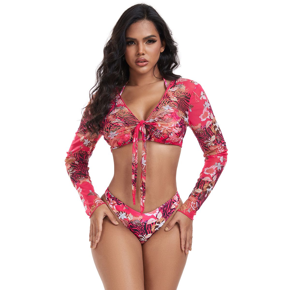 (image for) Women 3 Pieces Printed Bikini Set Long Sleeve Tie Front Cover Up Sexy Swimsuit