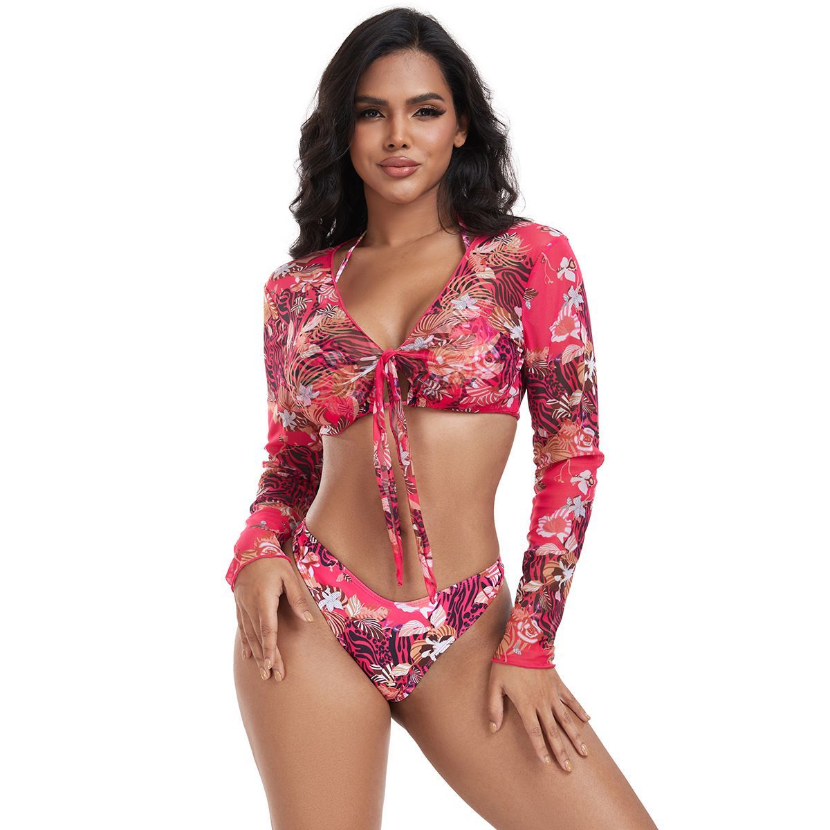 (image for) Women 3 Pieces Printed Bikini Set Long Sleeve Tie Front Cover Up Sexy Swimsuit