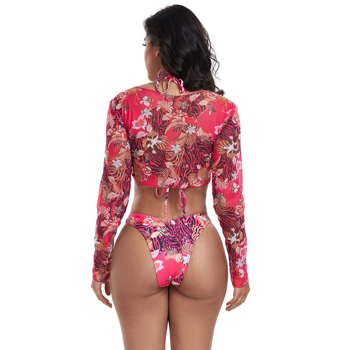 (image for) Women 3 Pieces Printed Bikini Set Long Sleeve Tie Front Cover Up Sexy Swimsuit