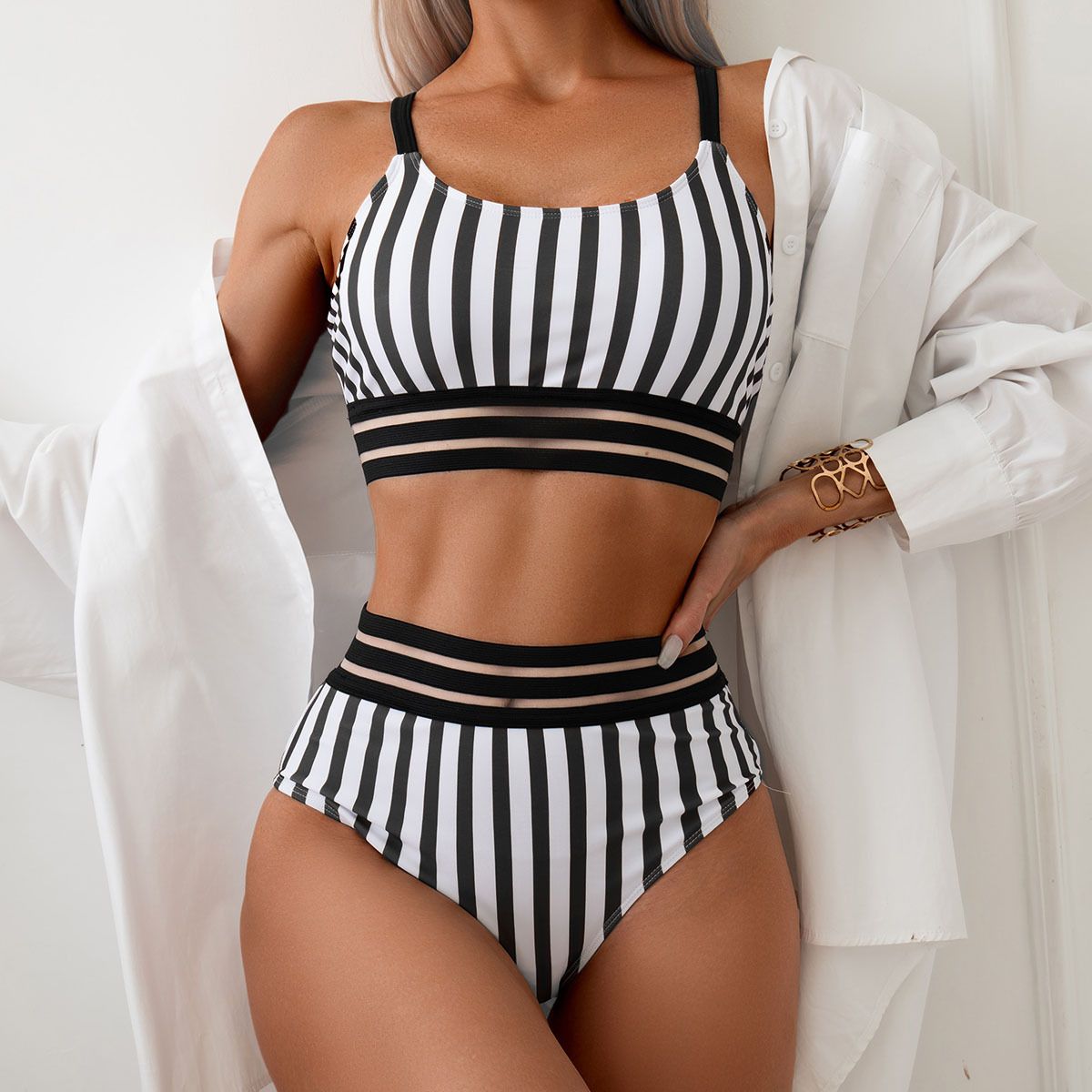 (image for) Striped Mesh Spliced High Waist Two‑Piece Bikini Set Scoop Neck Women Swimsuit