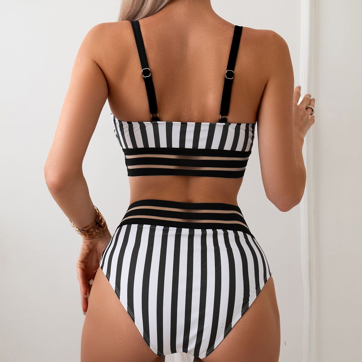 (image for) Striped Mesh Spliced High Waist Two‑Piece Bikini Set Scoop Neck Women Swimsuit