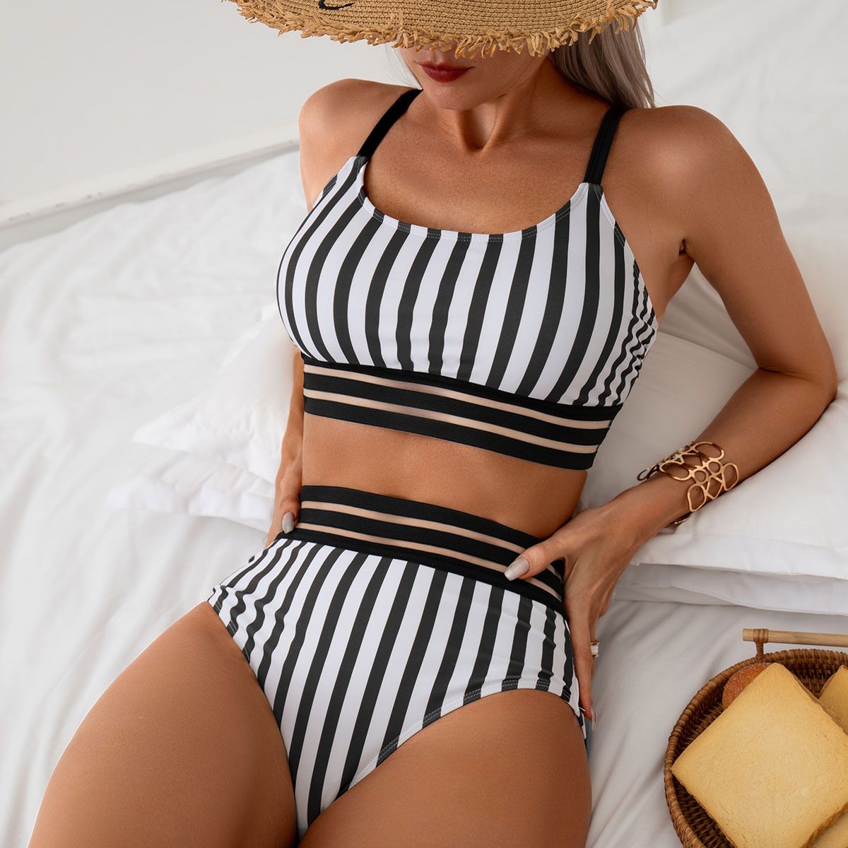 (image for) Striped Mesh Spliced High Waist Two‑Piece Bikini Set Scoop Neck Women Swimsuit