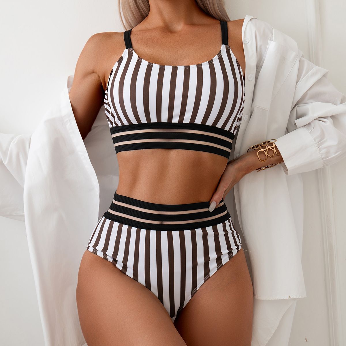 (image for) Striped Mesh Spliced High Waist Two‑Piece Bikini Set Scoop Neck Women Swimsuit