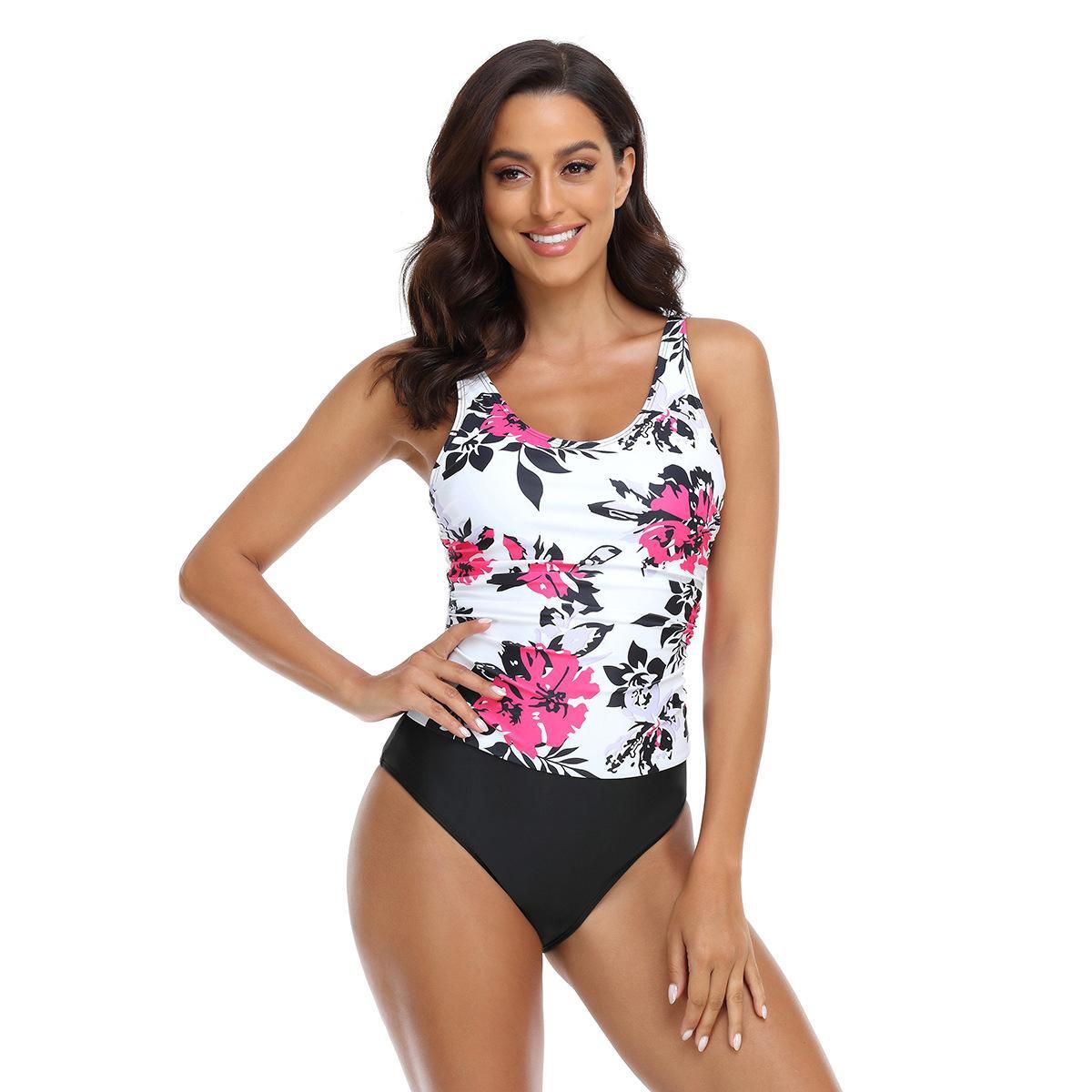 Women Floral Print Conservative One‑Piece Swimsuit Sleeveless Triangle Bathing Suit (image for) Women Floral Print Conservative One‑Piece Swimsuit Sleeveless Triangle Bathing Suit