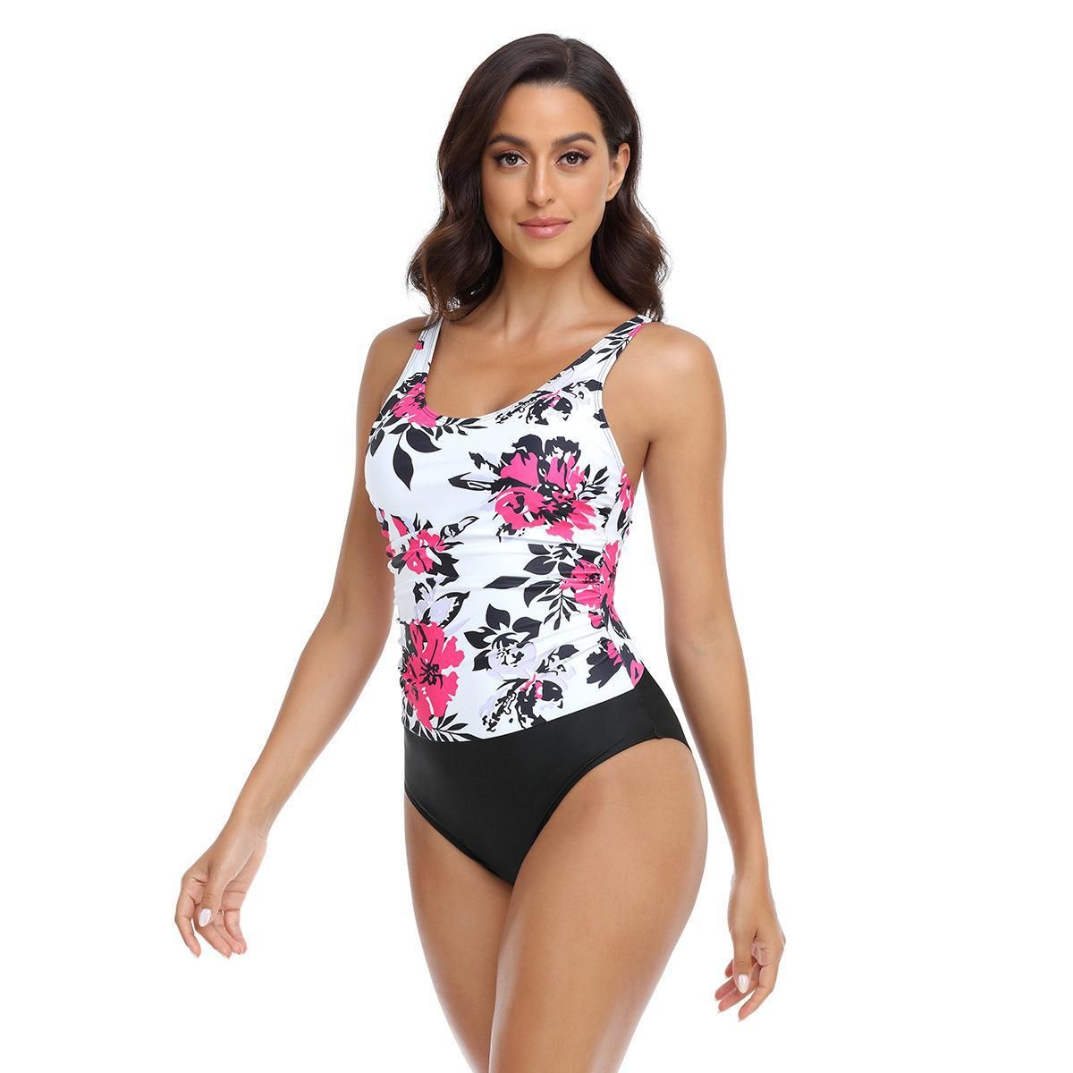 (image for) Women Floral Print Conservative One‑Piece Swimsuit Sleeveless Triangle Bathing Suit