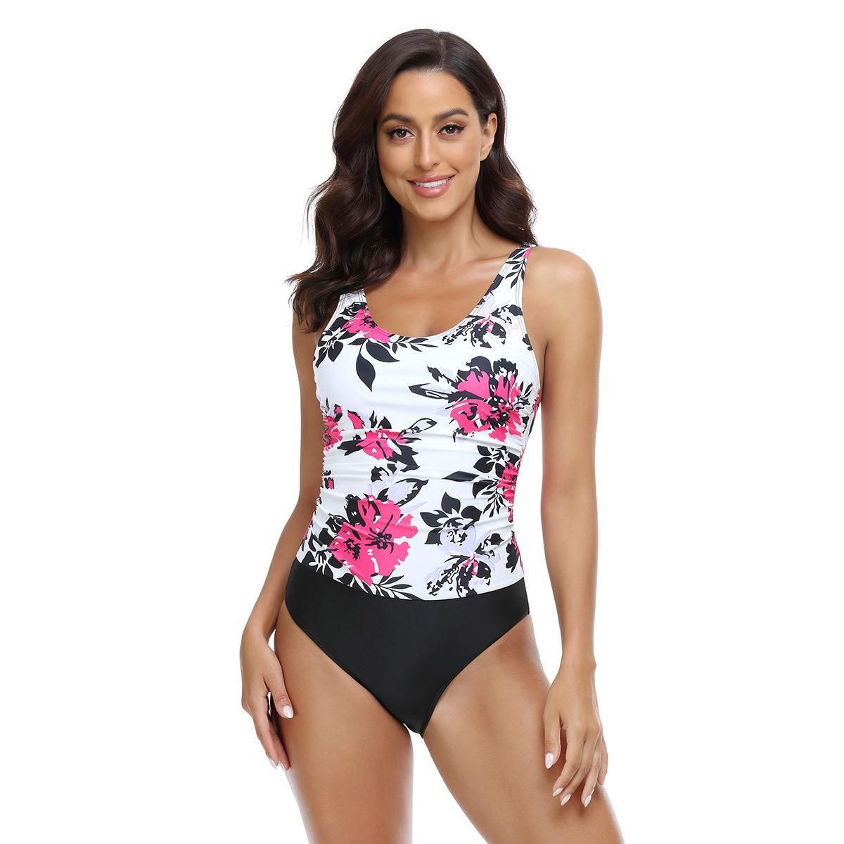 (image for) Women Floral Print Conservative One‑Piece Swimsuit Sleeveless Triangle Bathing Suit