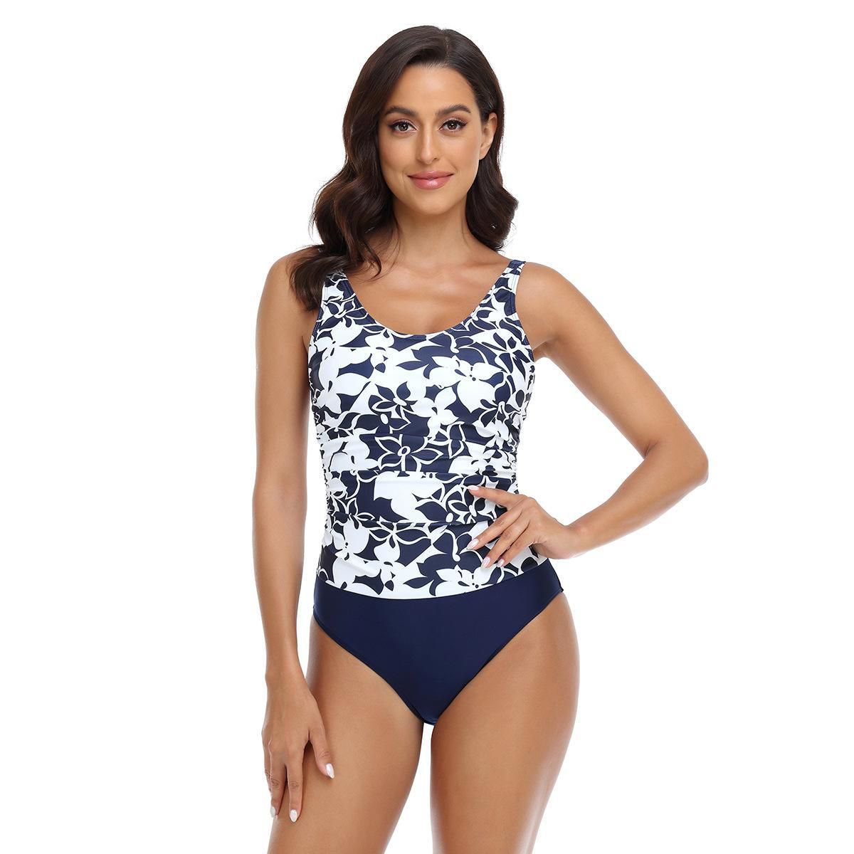 (image for) Women Floral Print Conservative One‑Piece Swimsuit Sleeveless Triangle Bathing Suit