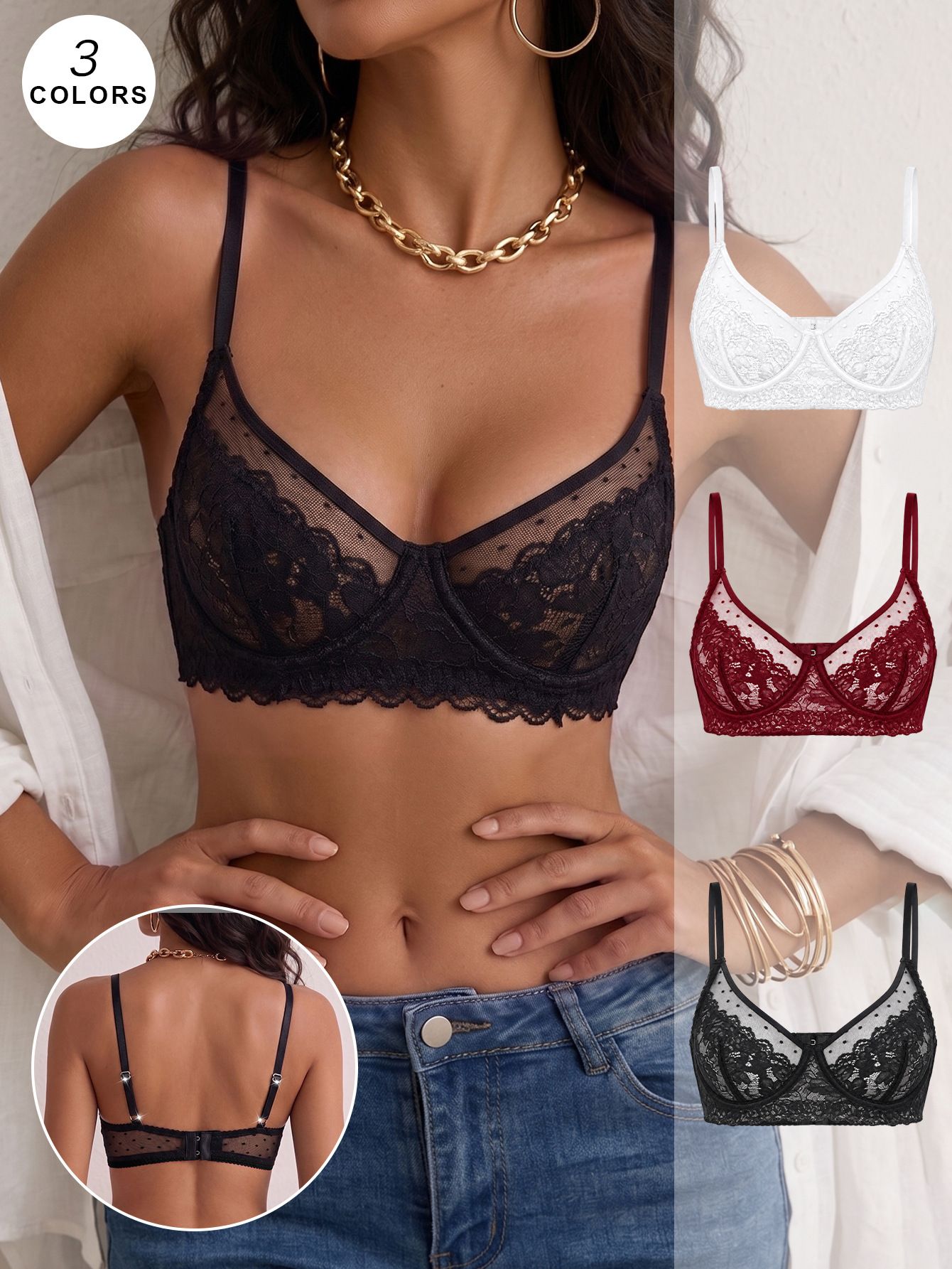 (image for) Women's Underwire Lace Push Up Bra 3/4 Cup Side Smoothing Adjustable Strap Double-Row Back Closure Sexy Lingerie