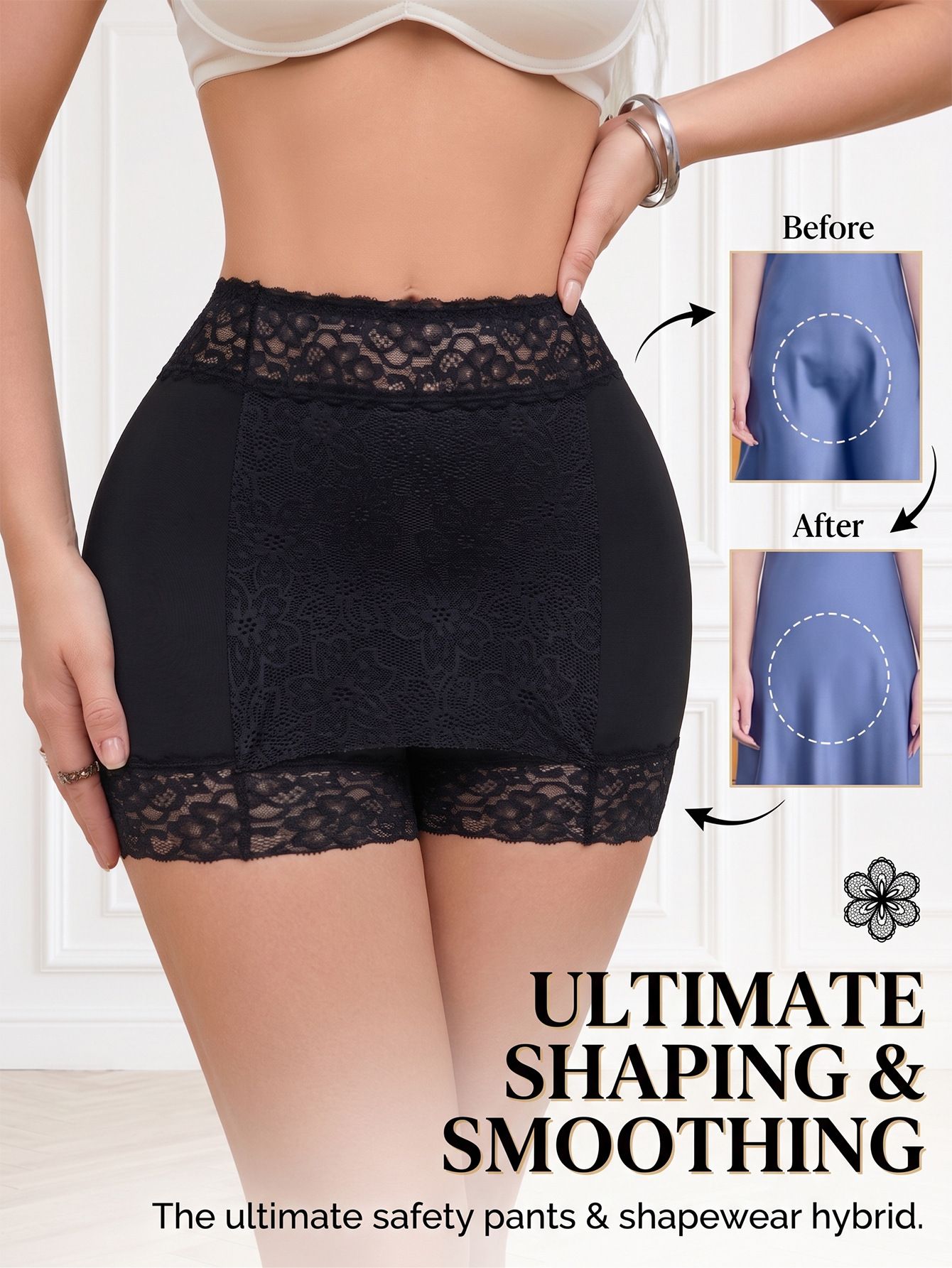 Women's High Waist Lace Trim Shaping Boyshort Safety Panties Ice Silk Breathable Cotton Gusset No Show Anti-Ride Up Everyday Underwear (image for) Women's High Waist Lace Trim Shaping Boyshort Safety Panties Ice Silk Breathable Cotton Gusset No Show Anti-Ride Up Everyday Underwear