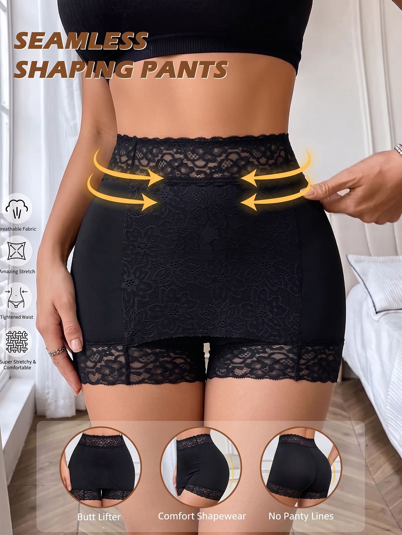 (image for) Women's High Waist Lace Trim Shaping Boyshort Safety Panties Ice Silk Breathable Cotton Gusset No Show Anti-Ride Up Everyday Underwear