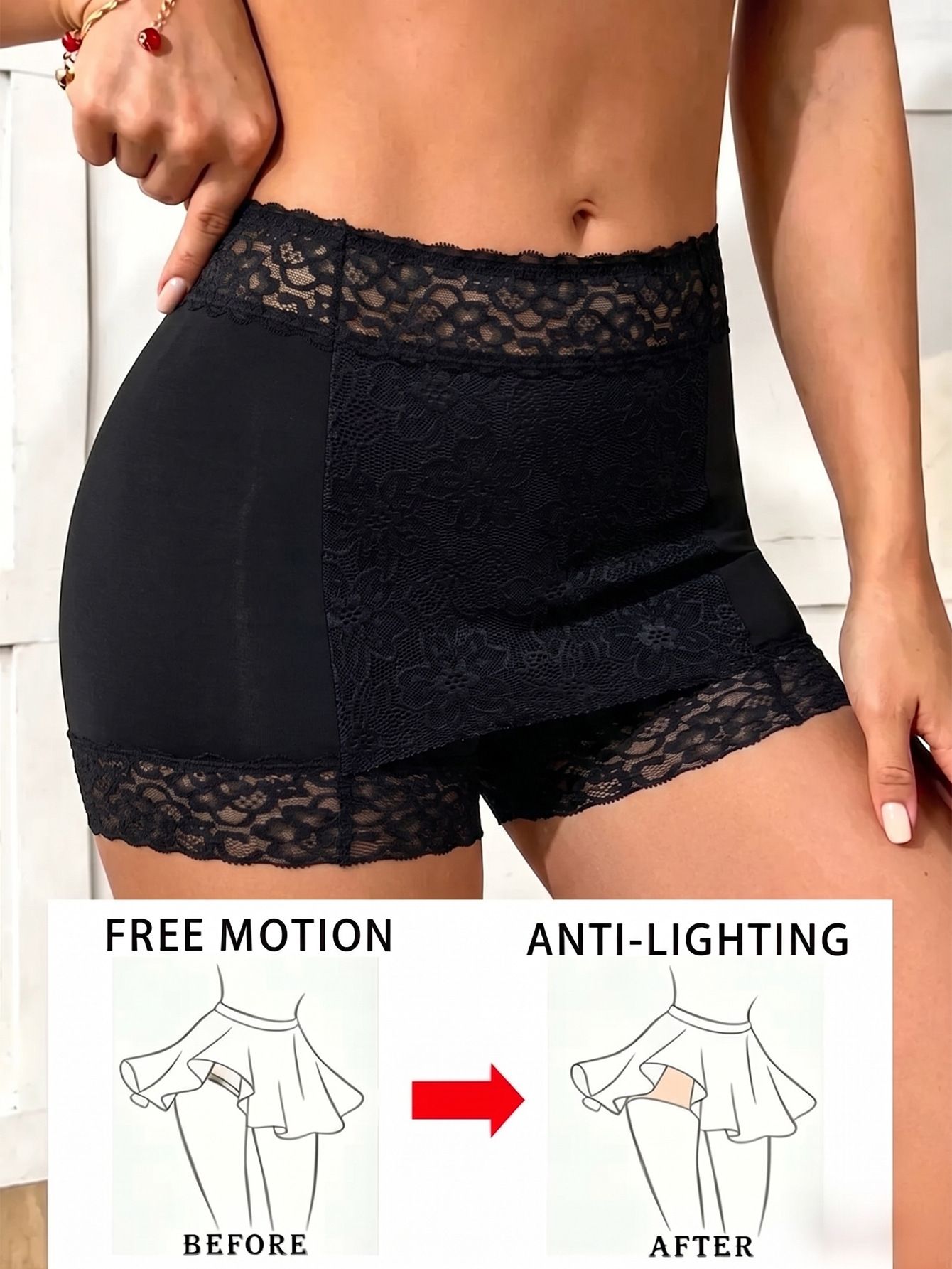 (image for) Women's High Waist Lace Trim Shaping Boyshort Safety Panties Ice Silk Breathable Cotton Gusset No Show Anti-Ride Up Everyday Underwear