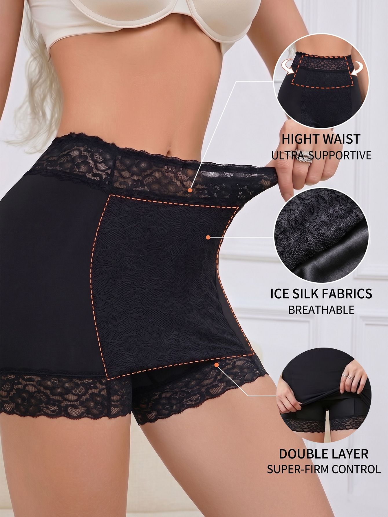 (image for) Women's High Waist Lace Trim Shaping Boyshort Safety Panties Ice Silk Breathable Cotton Gusset No Show Anti-Ride Up Everyday Underwear
