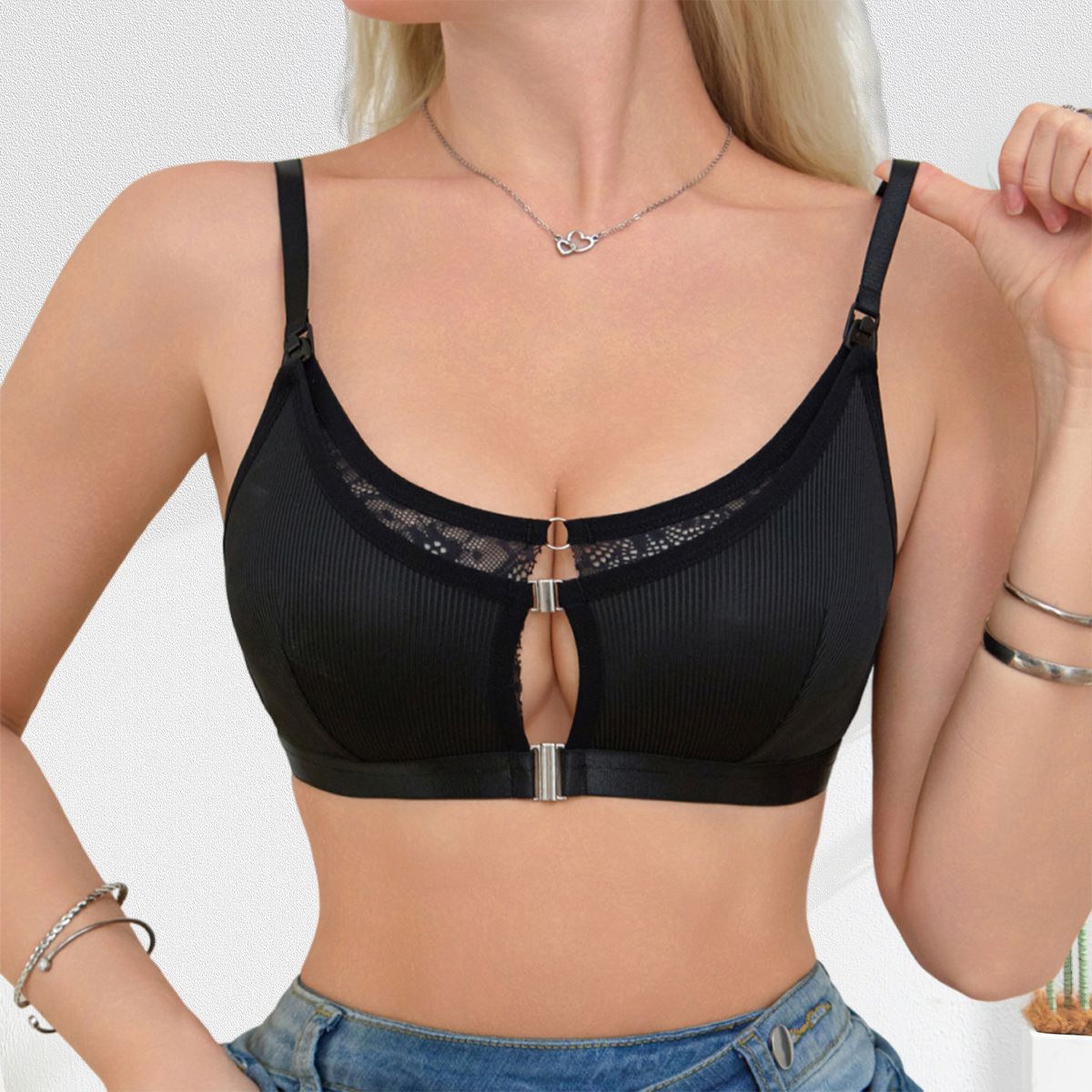 Women's Front Closure Wireless Maternity Nursing Bra Ultra-Thin Lace Trim Adjustable Push Up All-Stage Breastfeeding Support Bra