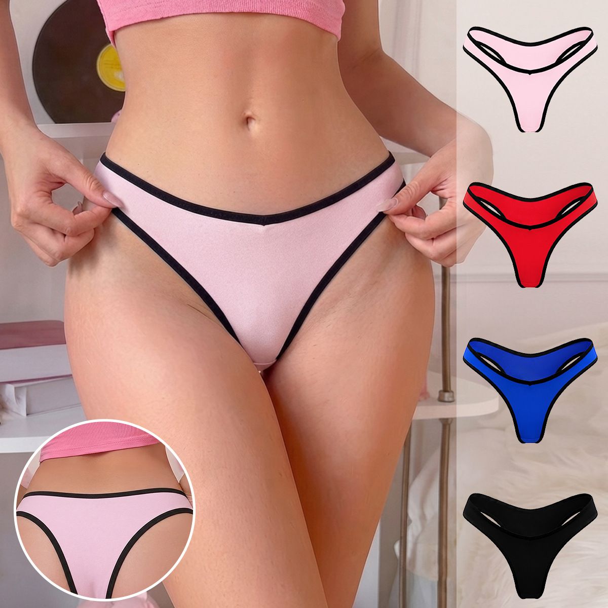 (image for) Women's Contrast Trim Low Rise Thong Panties Seamless Breathable Cotton Gusset Soft Stretch Everyday Intimates for Teens