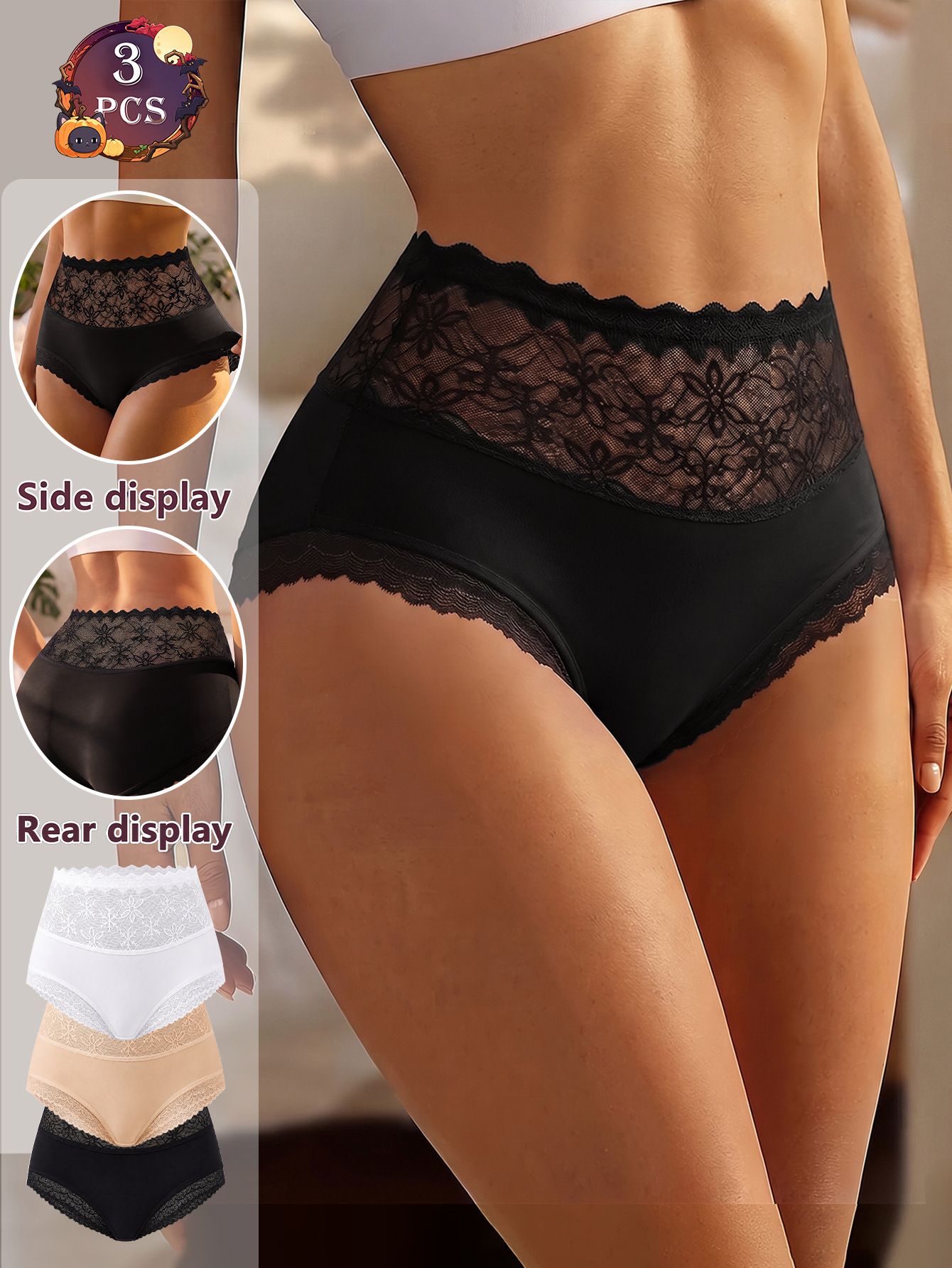 Women's High Waist Lace Waistband Tummy Control Briefs Thin Seamless Sheer Stretch Cotton Gusset Breathable Everyday Panties