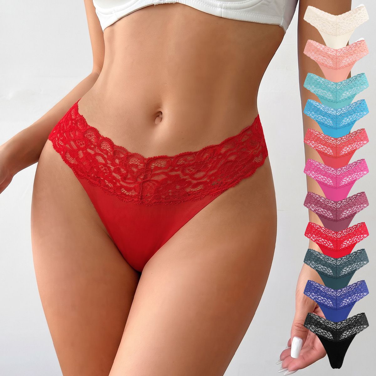 Women's Low Rise Lace Waistband Thong Panties No Show Non-Digging Breathable Cotton Gusset Soft Stretch Sexy Everyday Intimates
