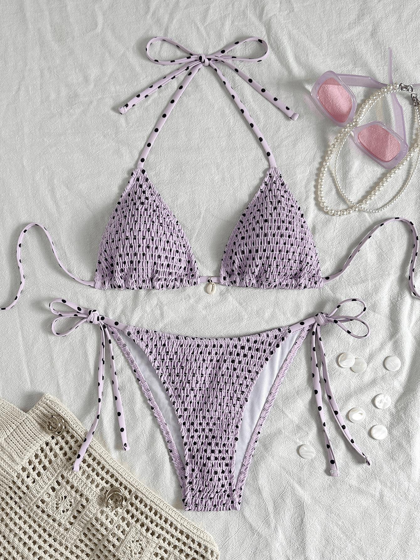 Women Textured Smocked Dot Halter Triangle Bikini Set Tie Side Backless Sexy Two Piece Beach Swimwear