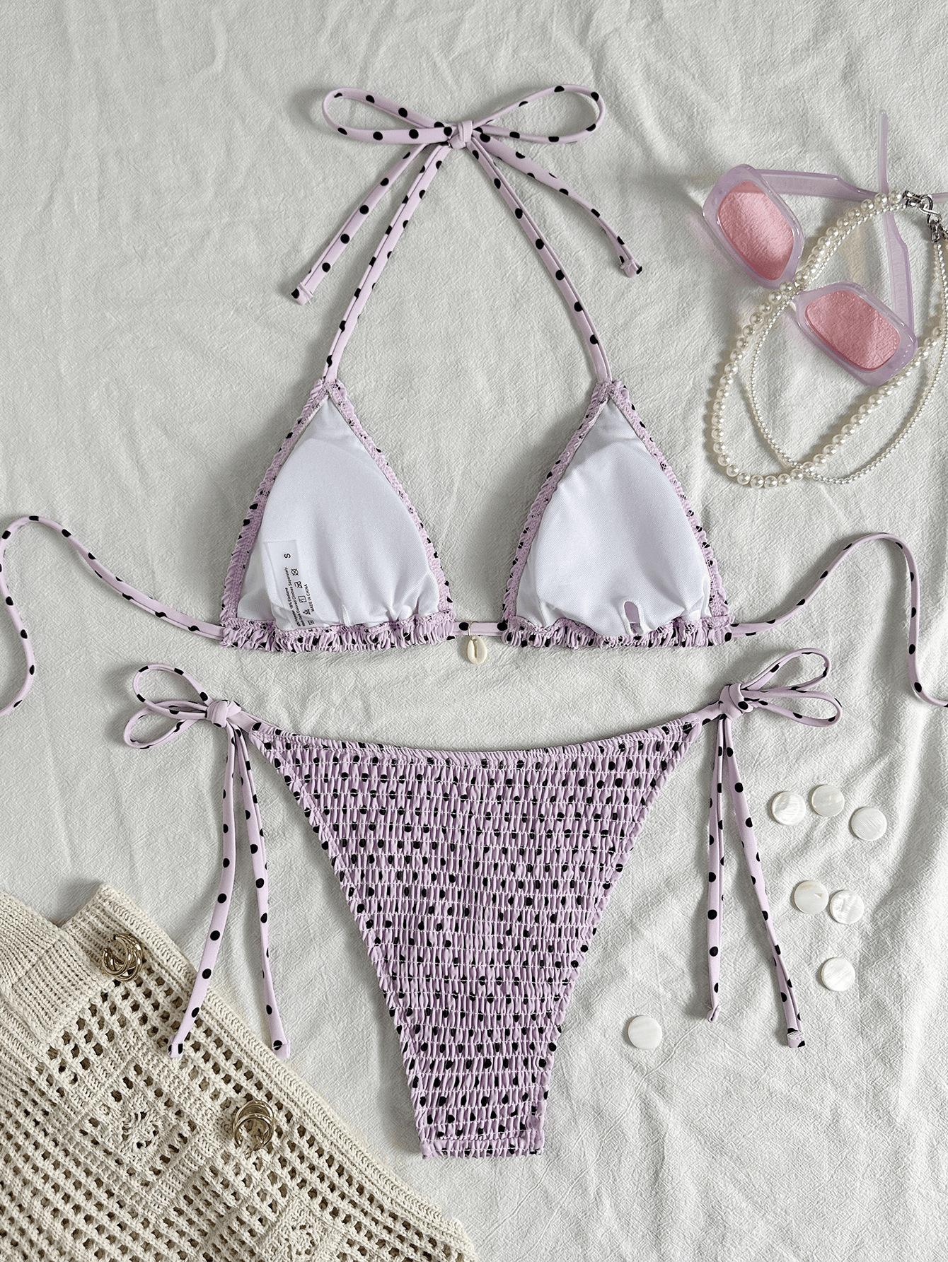(image for) Women Textured Smocked Dot Halter Triangle Bikini Set Tie Side Backless Sexy Two Piece Beach Swimwear