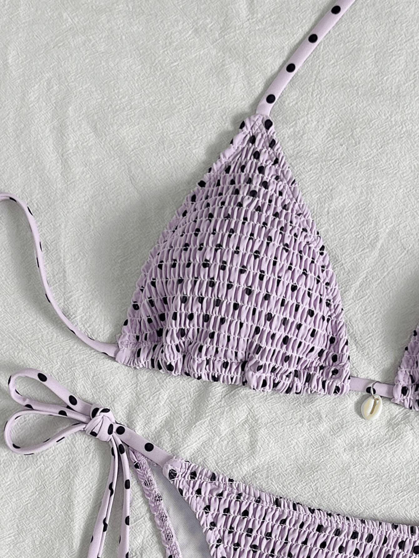 (image for) Women Textured Smocked Dot Halter Triangle Bikini Set Tie Side Backless Sexy Two Piece Beach Swimwear