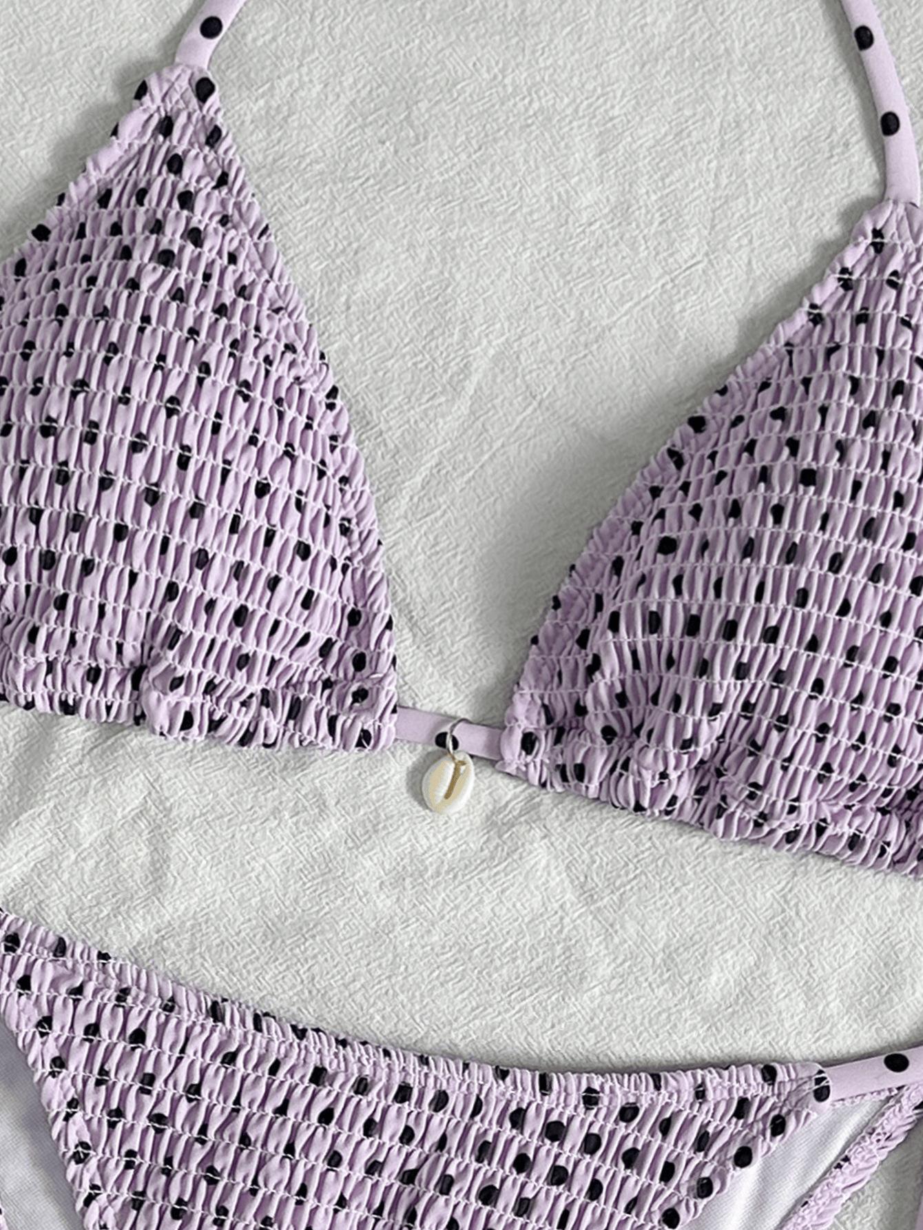 (image for) Women Textured Smocked Dot Halter Triangle Bikini Set Tie Side Backless Sexy Two Piece Beach Swimwear