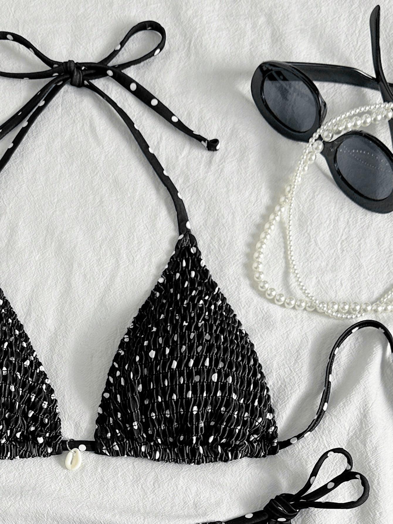 (image for) Women Textured Smocked Dot Halter Triangle Bikini Set Tie Side Backless Sexy Two Piece Beach Swimwear